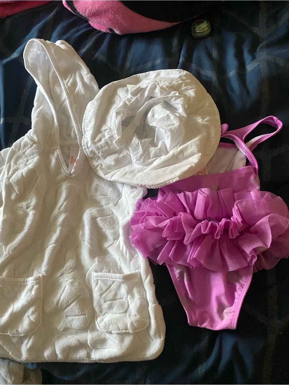 Cat & Jack White Hooded Towel Cover-Up and Pink Ruffled One-Piece Swimsuit bundl